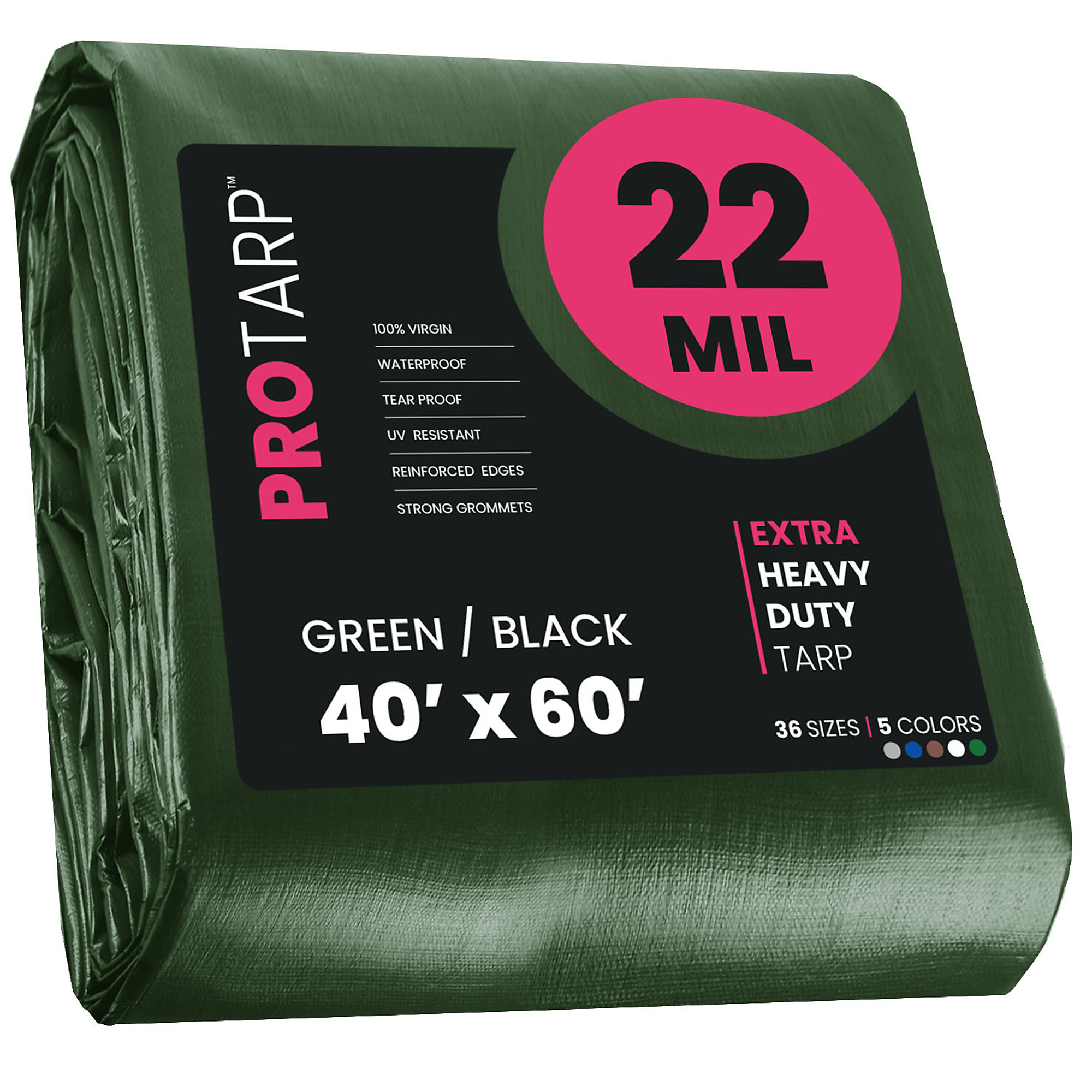 PROTARP Extreme Heavy Duty 22 Mil Tarp Cover, Waterproof, UV Resistant, Rip and Tear Proof, Poly Tarpaulin with Reinforced Edges for Roof, Camping, Patio, Pool , Boat. (Green/Black 40' X 60')